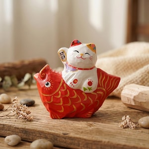 Pode incluir: Estatueta de gato Maneki Neko de cerâmica montada em um peixe vermelho. O gato é branco com detalhes coloridos e uma pata levantada. O peixe é vermelho com detalhes dourados. A estatueta está em uma superfície de madeira.
