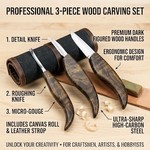 May include: A professional 3-piece wood carving set with premium dark figured wood handles and ultra-sharp high-carbon steel blades. Includes a detail knife, roughing knife, and micro-gouge, with a canvas roll and leather strop. The set is designed for comfort.