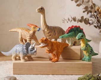 Hand Carved Wooden Dinosaur Set | Natural Wood Animal Figurines | Boho Nursery Decor | Montessori Eco-Friendly Toy | Triceratops T-Rex Gift