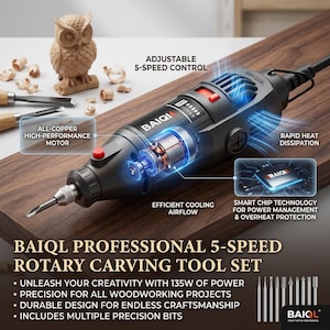 May include: A black BAIQL professional 5-speed rotary carving tool set with multiple precision bits. Features include an all-copper high-performance motor, efficient cooling airflow, and smart chip technology. Includes a carved wooden owl.