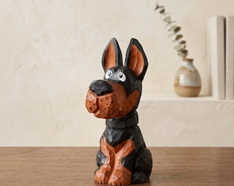 Ręcznie wykonana drewniana ozdoba w kształcie dobermana Inu – wyjątkowa figurka dobermana Inu – prezent dla fanów dobermana – dekoracja biurka, półka na książki