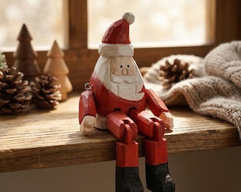 Hand-Carved Wooden Santa Claus Figurine, Vintage Sitting Santa Shelf Sitter, Rustic Christmas Decor, Handmade Style Holiday Gift, Wooden Toy