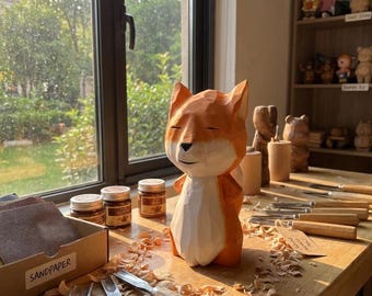 Figurine à sculpter sur bois de renard, décoration de bureau en bois faite main, joli ornement cadeau, sculpture sur bois artisanale pour la décoration d'étagères de bureau à domicile