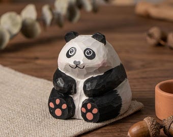 Handmade Wooden Panda Figurine - Cute Carved Wood Animal Statue, One-of-a-Kind Desk Decor,  Gift for Panda Lovers and Nursery