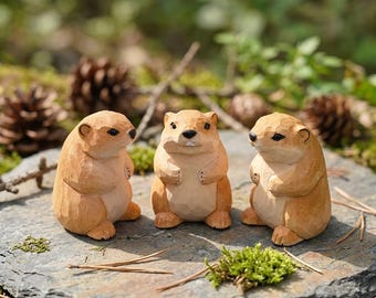 Sculpture en bois faite à la main de marmotte, jouet en bois de chien de prairie potelé, décoration de gâteau d'animal, objet de collection en bois, cadeau de Thanksgiving