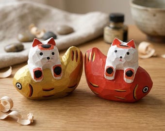 Hand Carved Wooden Cat on Fish Figurine Rustic Animal Sculpture Zakka Desk Decor Cute Kitten Statue Unique Cat Lover Gift