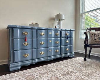 Refinished Blue Gray 9-Drawer Dresser – Modern Luxe Statement Piece