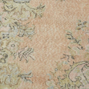 May include: A close-up of a light pink rug with a floral pattern. The rug has a woven texture and features intricate details in shades of beige, brown, and blue.