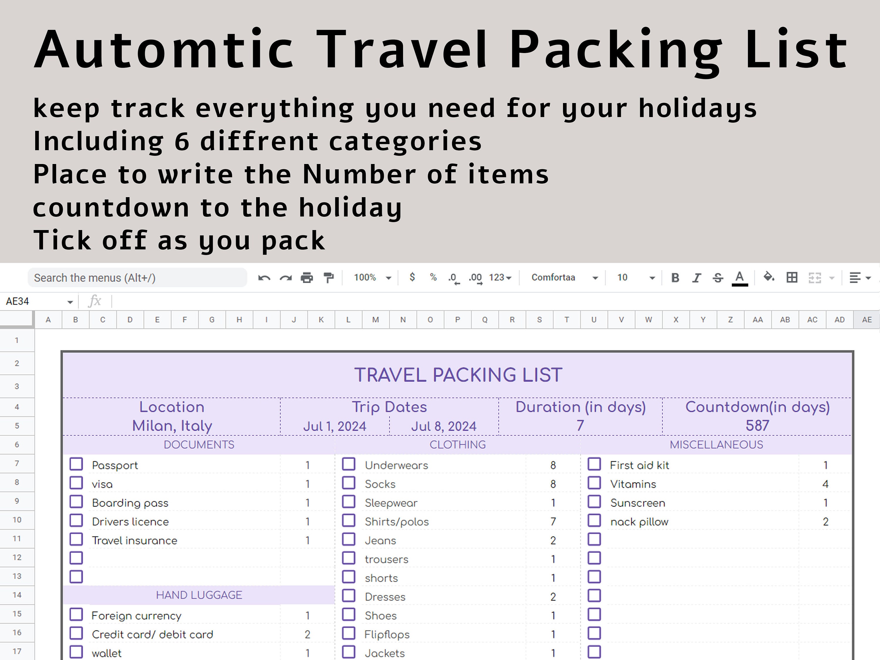 Editable Travel Packing List Google Sheets Template Digital Etsy