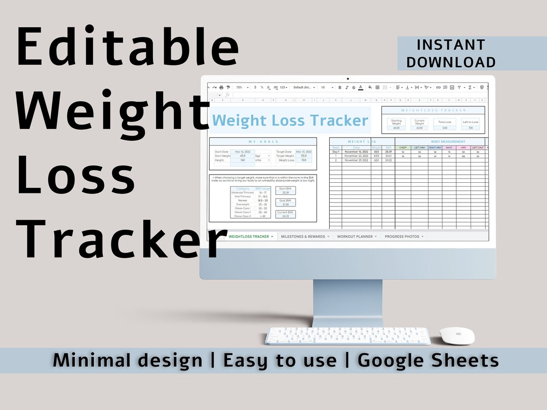Editable Weight Loss & Fitness Tracker Google Sheets Template, Digital