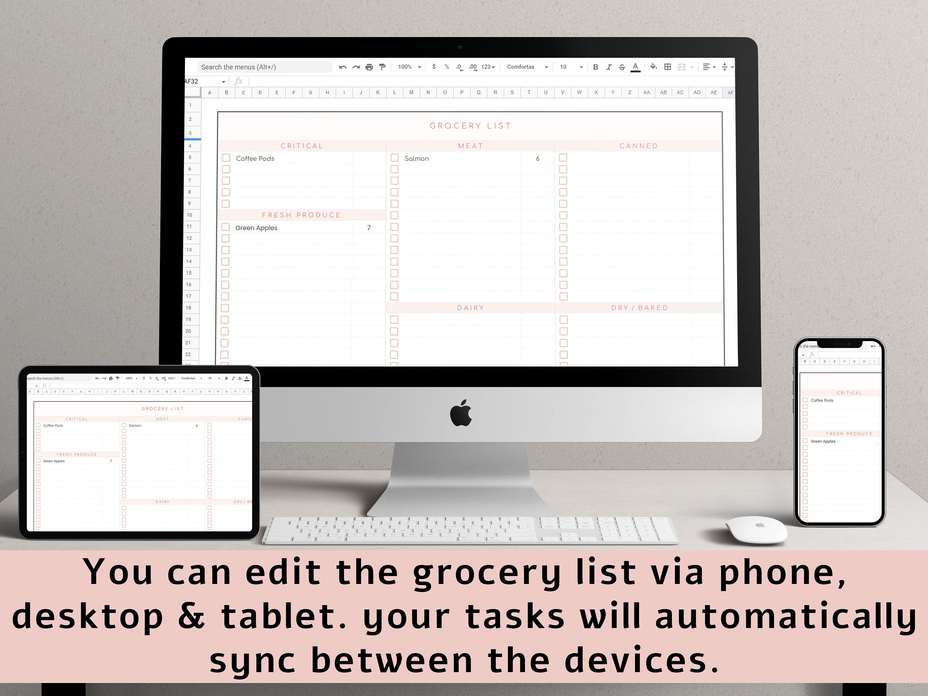 Editable grocery list: digital and weekly.