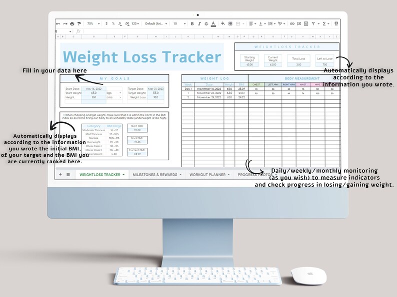 Editable Weight Loss & Fitness Tracker Google Sheets Template, Digital