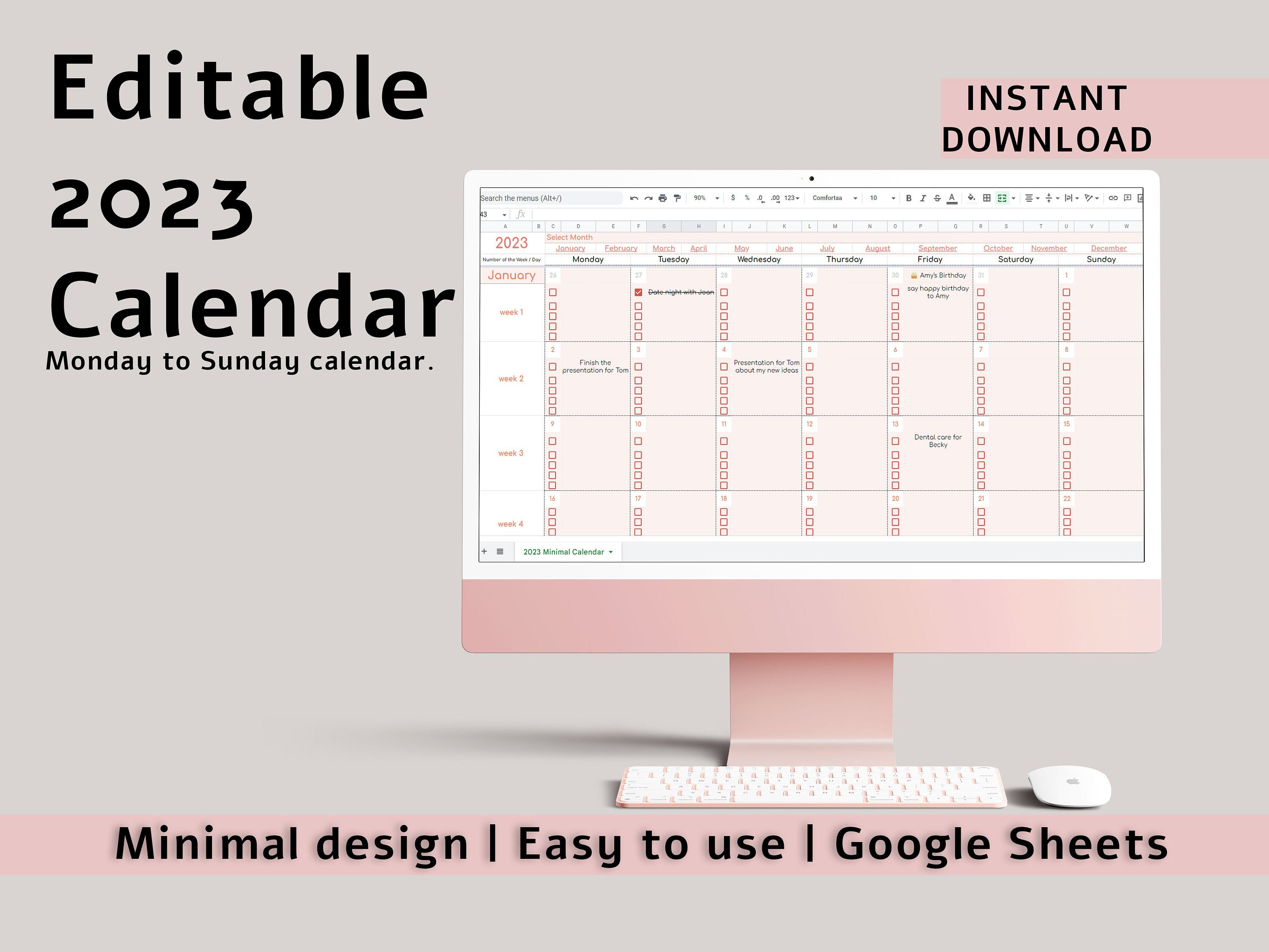 Minimal Editable 2023 Calendar Google Sheets Template Task - Etsy