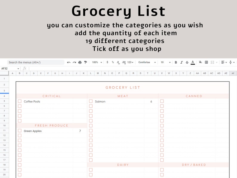 Editable Grocery List Google Sheets Template, Digital Weekly Shopping Editable Grocery List Google Sheets Template, Digital Weekly Shopping