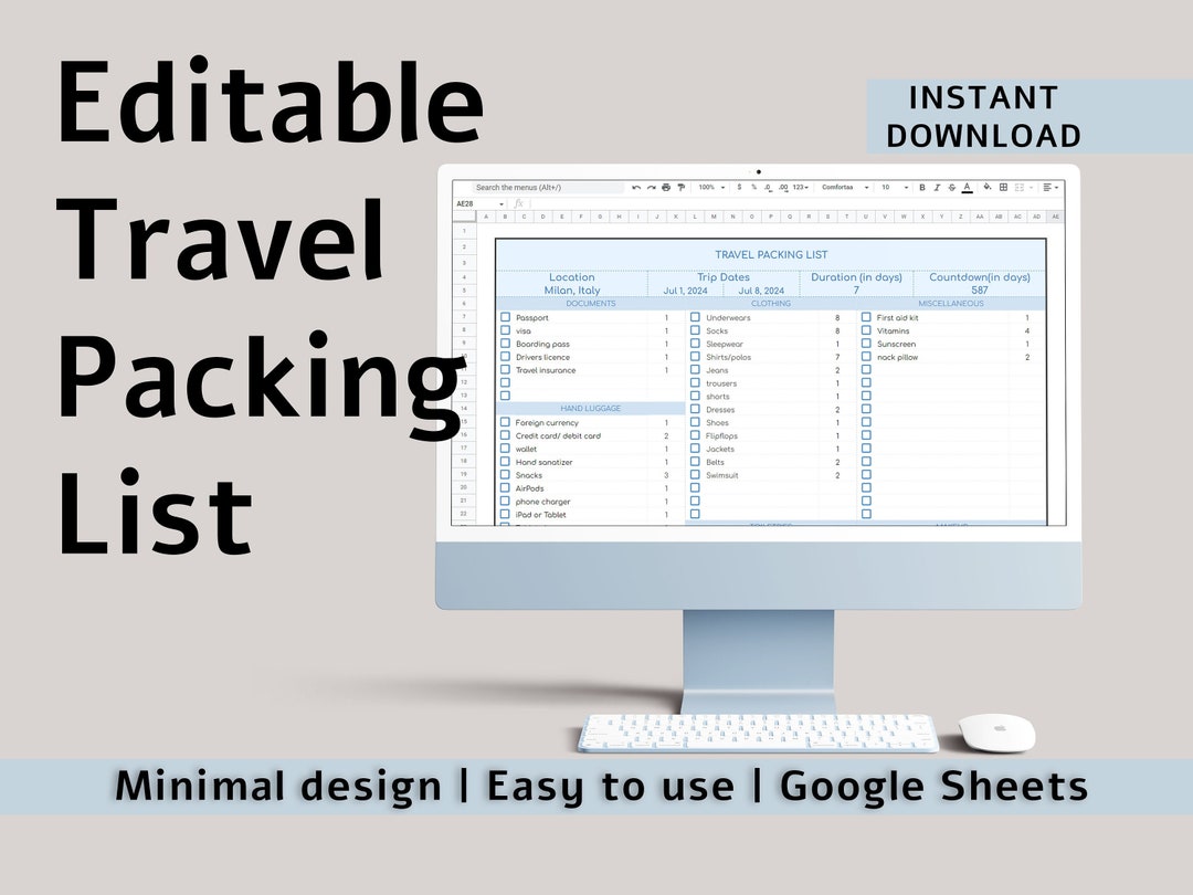 Editable Travel Packing List Google Sheets Template Digital Etsy UK
