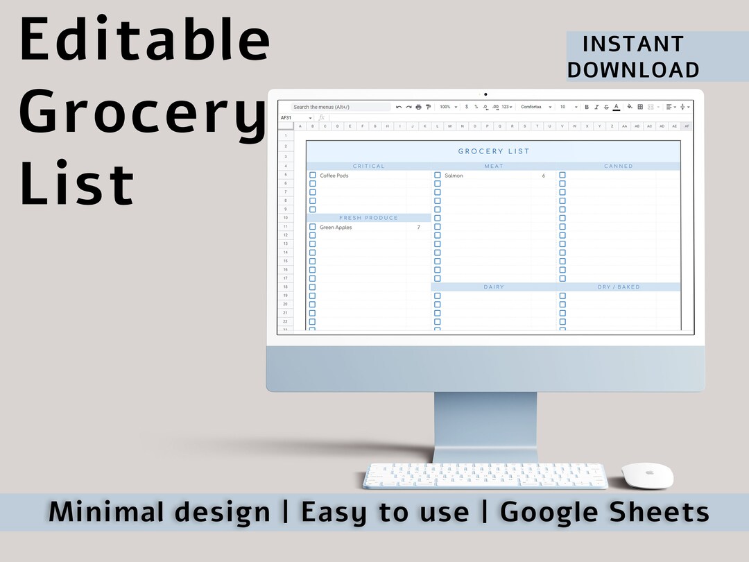 Editable Grocery List Google Sheets Template, Digital Weekly Shopping