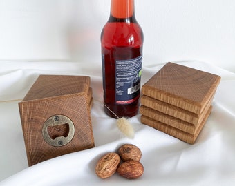 Handmade oak coaster with integrated bottle opener