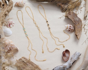 Zeeblauwe chalcedoon, 3 stenen gouden handketting