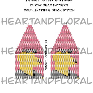 May include: A diagram for peanut butter earrings, with a 13-row bead pattern using a double/triple brick stitch. The design incorporates pink, yellow, black, grey, and white beads. The text "PEANUT BUTTER EARRINGS" and "HEARTANDFLORAL" are visible.