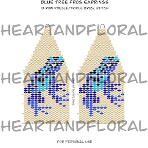 May include: A diagram for Blue Tree Frog Earrings. The earrings are a triangular shape with a tan background and a blue tree frog design. The text "BLUE TREE FROG EARRINGS" and "HEARTANDFLORAL" are visible.