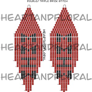 May include: A diagram showing two beaded earrings with a red and black design. The text reads "MMIW EARRINGS" and "13 ROW BEAD PATTERN". The earrings are labelled "DOUBLE/TRIPLE BRICK STITCH" and "HEARTANDFLORAL".