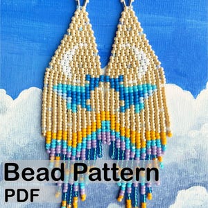 May include: A pair of beaded earrings with a geometric design. The earrings feature a cream-colored top section with a white pattern, followed by blue, orange, and purple beads. The text "Bead Pattern PDF" is visible at the bottom of the image.