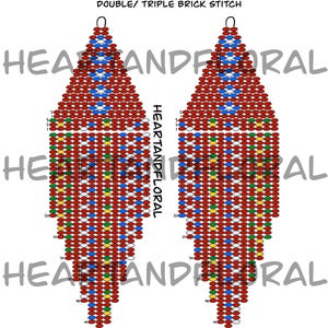 May include: A bead pattern for earrings with a double/triple brick stitch design. The pattern includes the text "FLOWERS & MÉTIS SASH" and "13 ROW EARRINGS BEAD PATTERN". The earrings are mainly red with blue, yellow, green, and white accents.