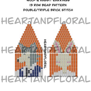 Puede incluir: Un diagrama para pendientes de cuentas con diseños de lobos y conejos. El patrón utiliza un punto de ladrillo doble/triple con 13 filas. Los pendientes son de color naranja, gris, blanco y azul. El texto "WOLF & RABBIT EARRINGS" y "HEARTANDFLORAL" son visibles.