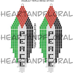 May include: A bead pattern for earrings with the text "FREE PALESTINE". The design features the colours of the Palestinian flag: red, white, green, and black. The pattern is for a double/triple brick stitch.