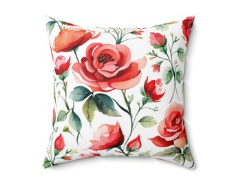 Cuscino quadrato con rose rosse, federa quadrata in poliestere filato, cuscino floreale, cuscino decorativo, cuscino floreale, decorazione regalo per la nuova casa