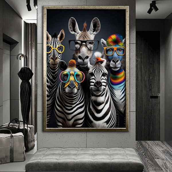 Modern design zebras with glasses, modern art canvas wall decor, Ready to hang canvas print, new year gift, New Home  Wall Decor