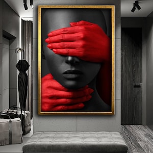 Modern art african woman and red hands canvas print Wall Decor, Wall decor, red and black design canvas, ready to hang canvas painting