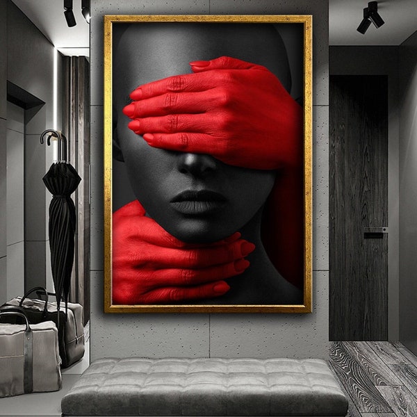 Arte moderno mujer africana y manos rojas lienzo impresión decoración de pared, decoración de pared, lienzo de diseño rojo y negro, listo para colgar pintura de lienzo