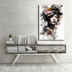 Flower head asian girl design canvas print, Wall art canvas, canvas print, ready to hang wall print, design canvas painting, Home decorative