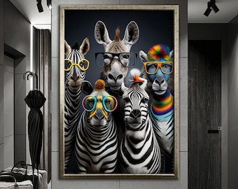 Modern design zebra's met bril, moderne kunst canvas wanddecoratie, klaar om op te hangen canvasafdruk, nieuwjaarscadeau, muurdecoratie nieuw huis