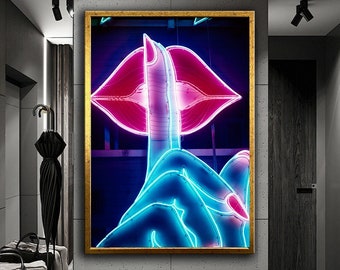 Hush sign and red lips neon lights canvas print wall decor, Ready to hang wall decor, Modern wall art, Framed paintings, Home&office decor
