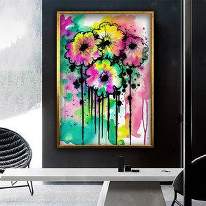 Watercolor flower canvas print, colorful flowers canvas print, modern flower wall decor, gift flower painting. ready-to-hang framed painting