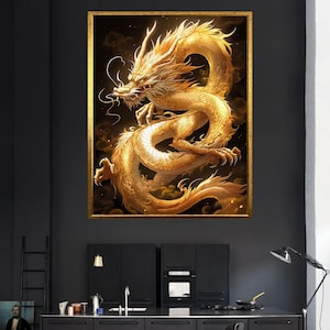 Golden dragon canvas print, Mythological monsters wall decor, Far Eastern mythology, Ready-to-hang canvas wall decor
