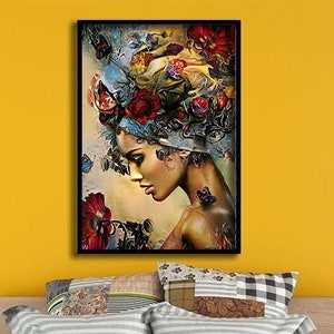 Woman with flowers and butterflies canvas painting wall decoration, Modern home decoration woman painting, Framed Ready to hang print art