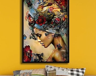 Woman with flowers and butterflies canvas painting wall decoration, Modern home decoration woman painting, Framed Ready to hang print art