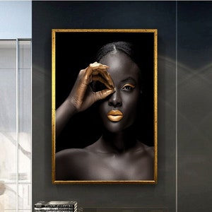 Modern art African woman with golden lips design canvas print wall decoration, wall art canvas, canvas painting ready to hang, canvas gift