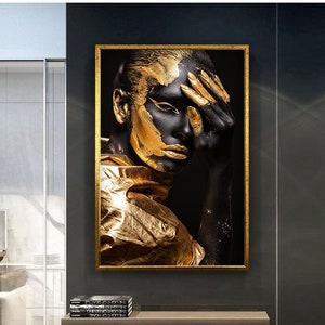 Modern art golden african woman abstract design canvas print wall decoration, wall art canvas, ready to hang canvas painting, canvas gift