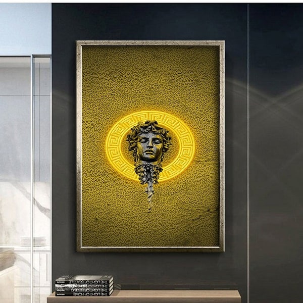 Silver severed head of statue canvas wall decor, gold background painting, original design poster, canvas print, ready to hang canvas Framed