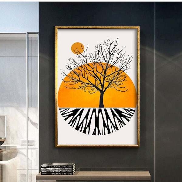 Sun and tree abstract design canvas print wall decor, Minimalist designs, Modern home decoration, Ready to hang canvas wall decor