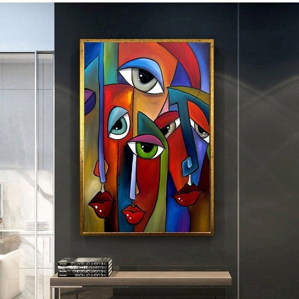 Arte de pared con impresión de lienzo estilo Picasso, arte de pared moderno de lienzo, decoración de pared de caras coloridas, decoración de pared de lienzo listo para colgar