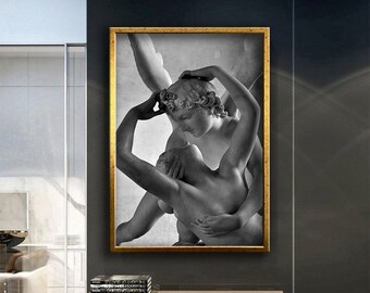Cupid&#39;s kiss statues canvas print wall decor, italian statue, wall art sculpture print, ready to hang canvas wall decor, romantic gift
