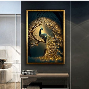 Golden peacock design canvas painting wall decor, Golden Peacock on the Tree, canvas wall painting, Canvas painting ready to hang, home art