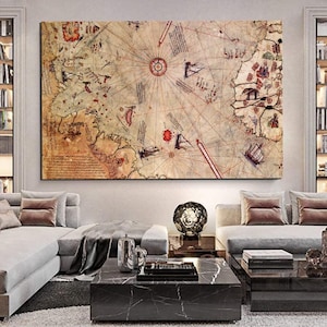 Impression sur toile carte du monde Piri reis, peinture murale, toile murale, impression sur toile, impression murale prête à accrocher, peinture sur toile design, décoration de la maison