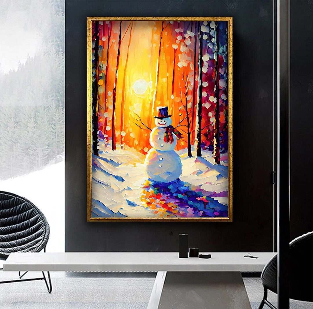Snowman and Sunset Canvas Print Wall Decor, Forest Winter Landscape ...