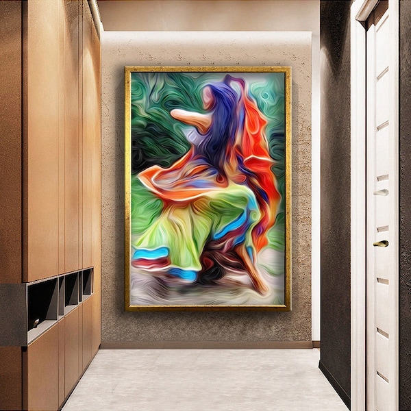 Impression sur toile de conception abstraite de femme dansante, décoration murale d'art abstrait, toile d'art mural, peinture sur toile prête à accrocher, décor de maison et de bureau,